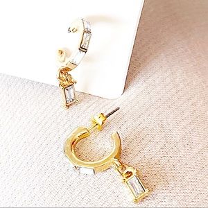 $10 SALE Gold Mini Hoop Rectangle Crystal Drop Earrings